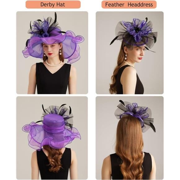 Women Hats Headband Hairpin Organza Fascinator Purple - Picture 3 of 7